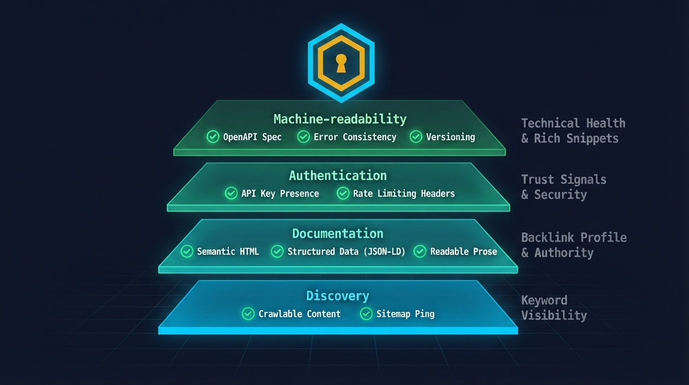 Four-layer stack diagram — Discovery, Documentation, Authentication, Machine-readability