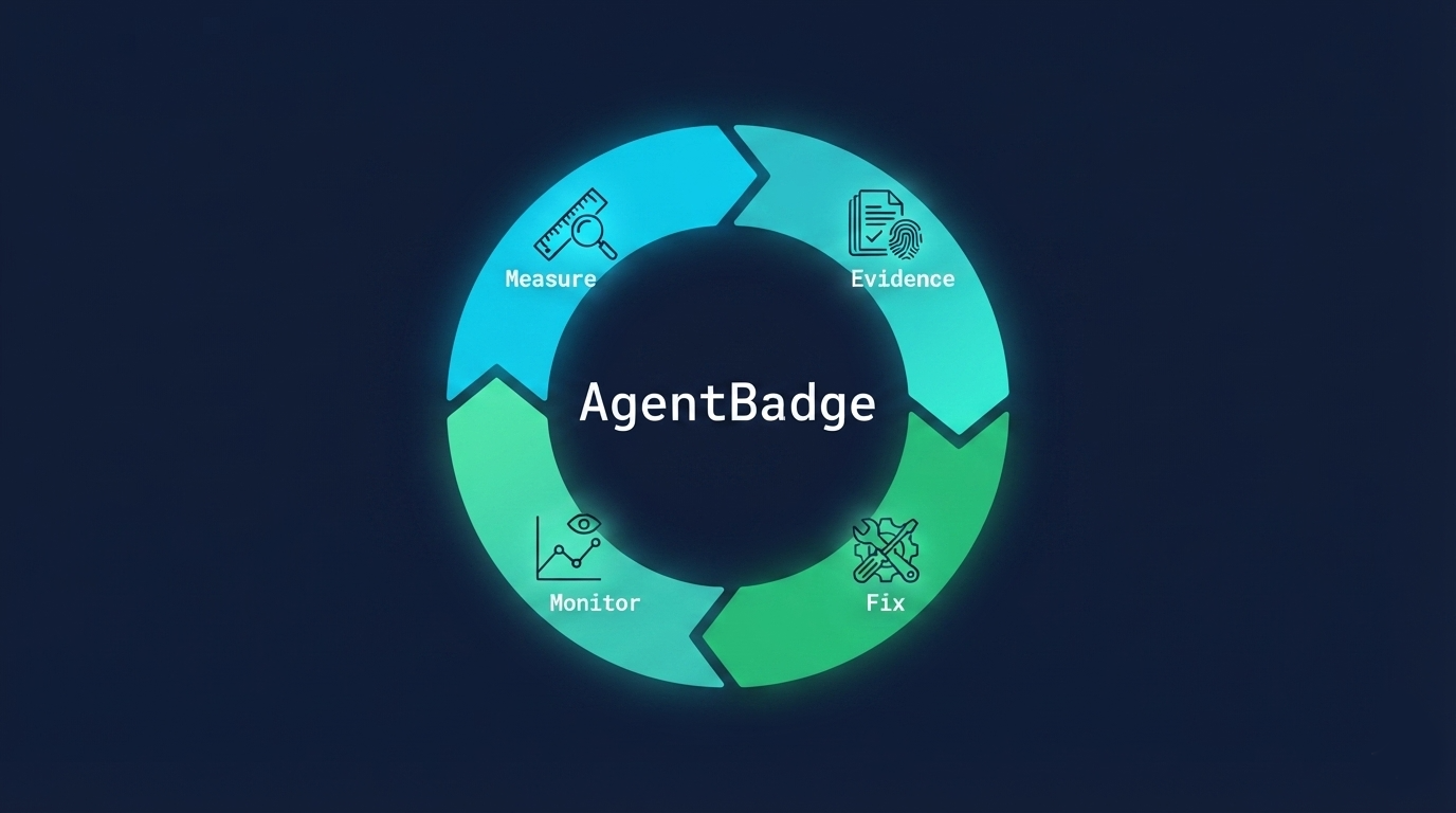 Circular flow diagram — Measure → Evidence → Fix → Monitor → back to Measure, with AgentBadge in the center