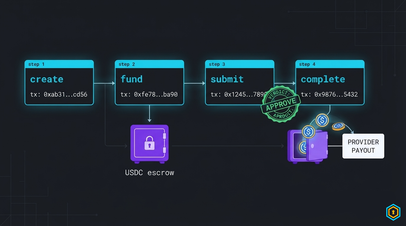 Job lifecycle: create, fund, submit, complete - USDC escrow releasing on evaluator verdict