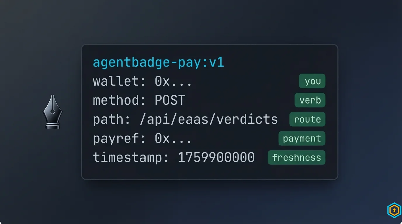 Challenge string anatomy — the five canonical fields of agentbadge-pay:v1