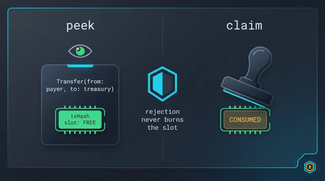 Peek vs claim — the receipt is read without burning the replay slot