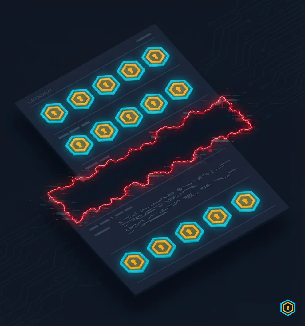 A ledger page with three anchored rows and one silently deleted row