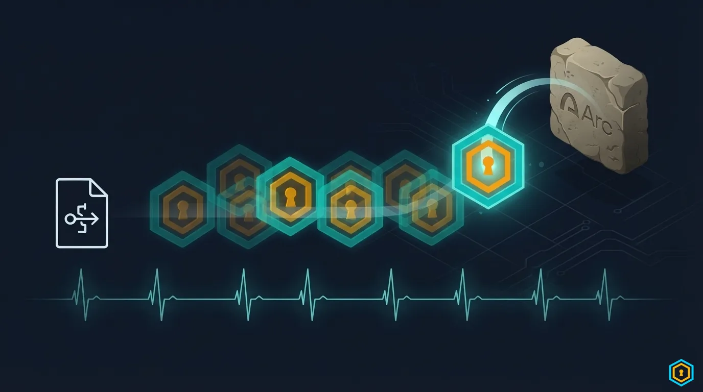 Chain flow: verdict entries converging to a head node anchored on-chain