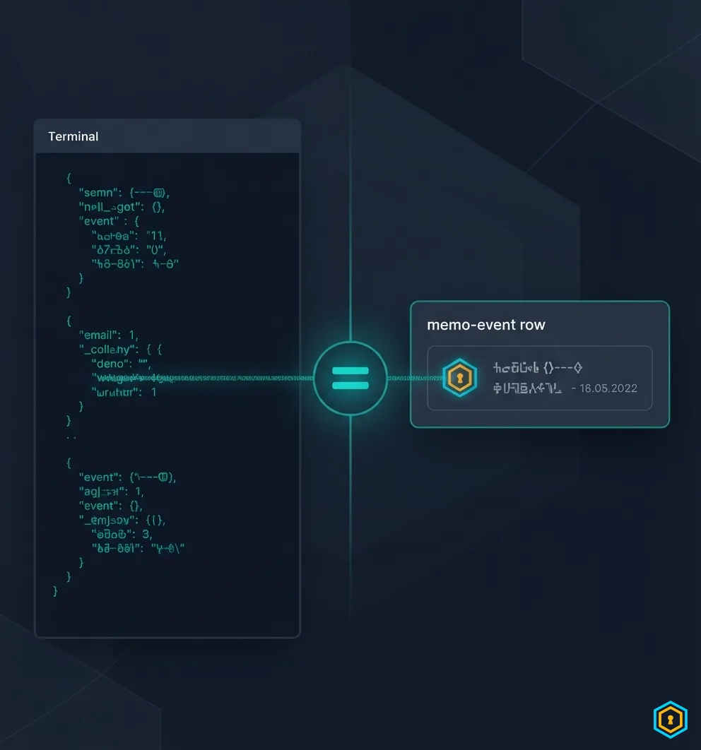 A terminal JSON proof compared to a blockchain explorer memo event