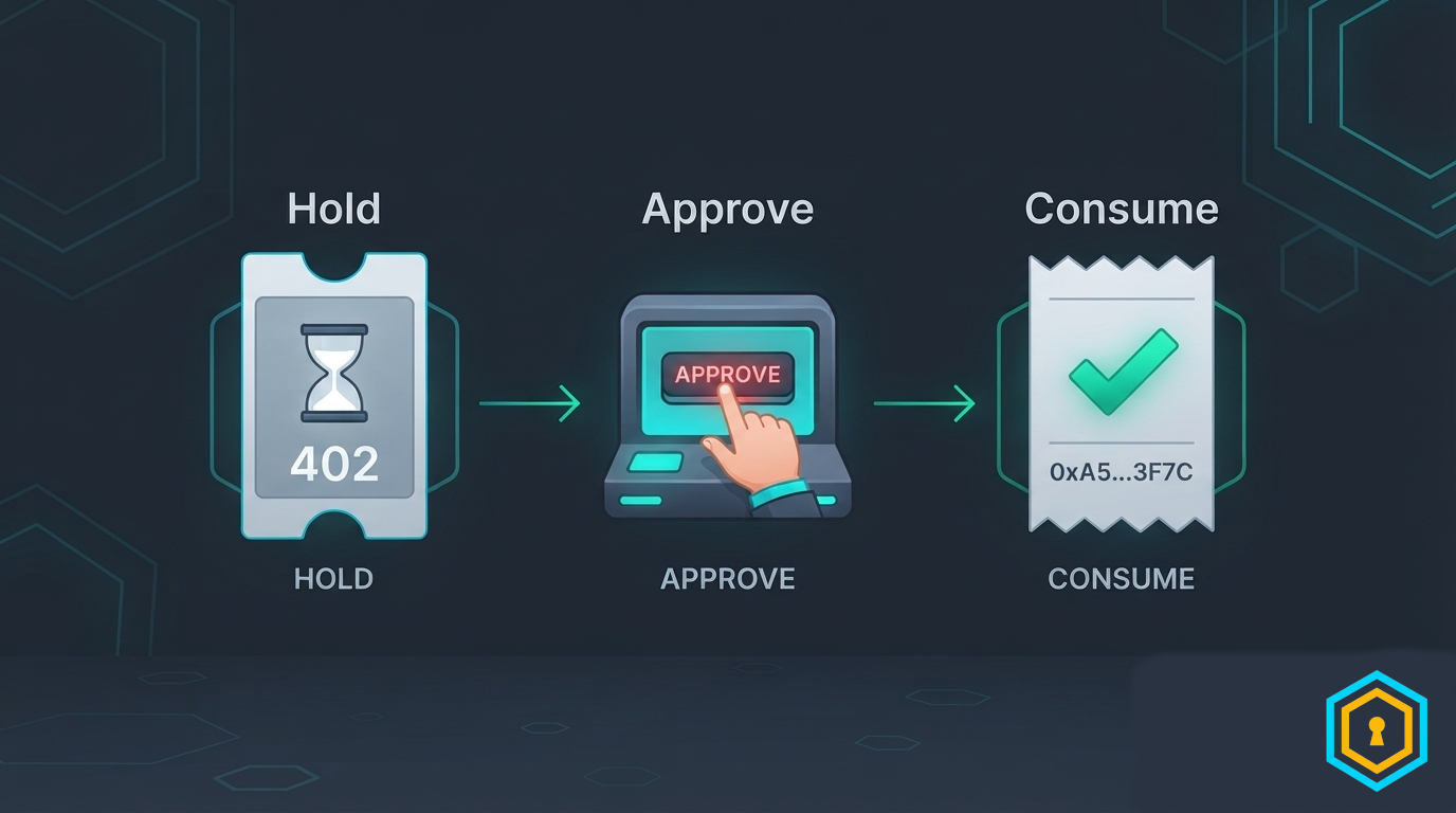 Three-stage pipeline: 402 approval ticket, owner console approve, settled receipt