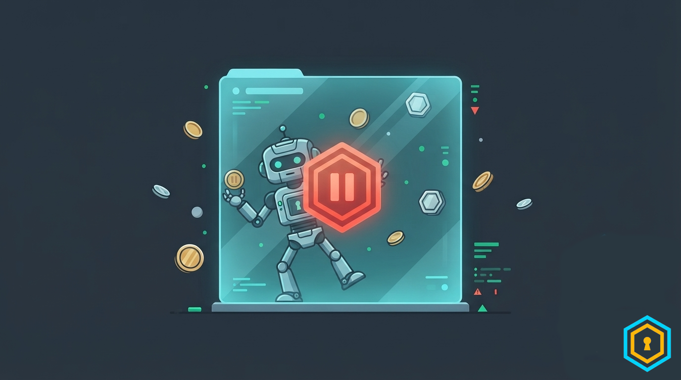 Agent robot frozen behind a glass quarantine pane, suspended badge glowing