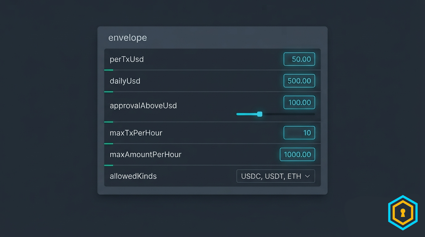 Envelope editor form with perTxUsd, dailyUsd, approvalAboveUsd, maxTxPerHour, maxAmountPerHour, allowedKinds fields