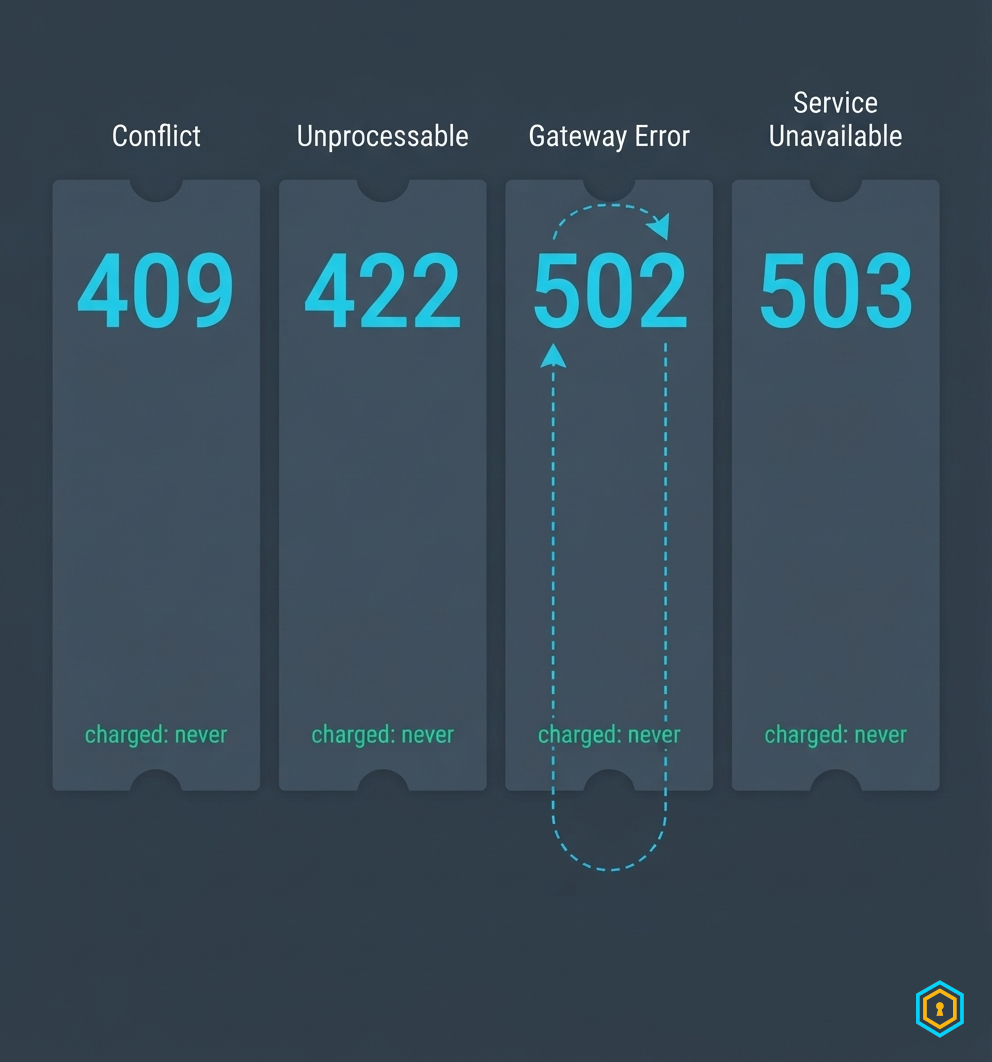 Four refusal ticket stubs — 409, 422, 502, 503 — each stamped charged:never; the 502 ticket has a refund arrow looping back