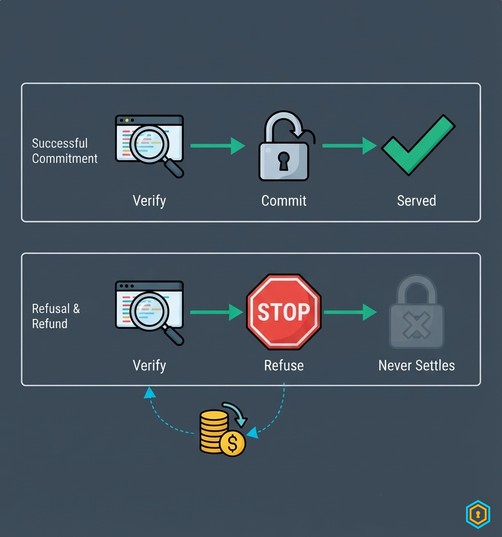 Split diagram: verify then commit and serve; or verify then refuse with a dashed refund path