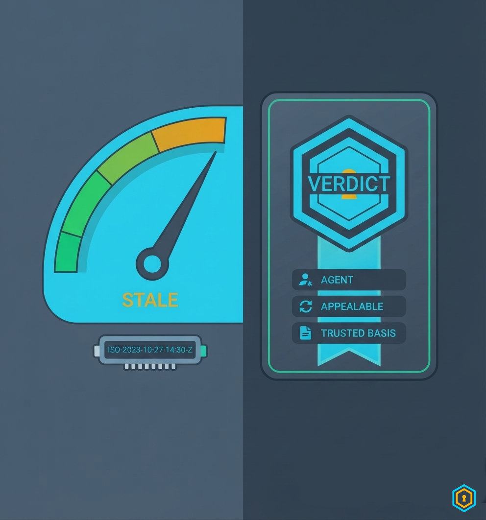 A data_status gauge at stale with a stale_since chip, next to a verdict card carrying a disclosure ribbon