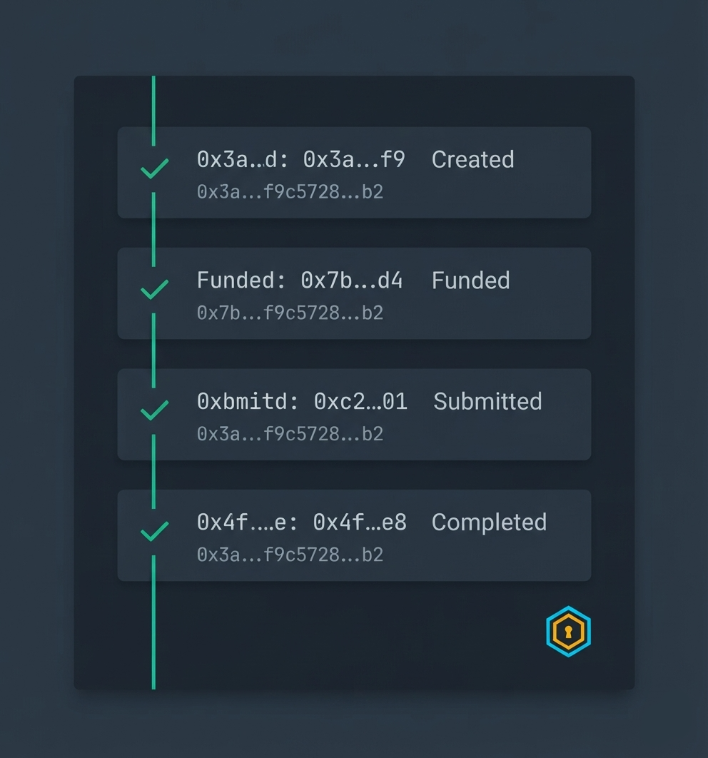 Explorer-style transaction trail showing the four phase transactions of the demo job, all confirmed