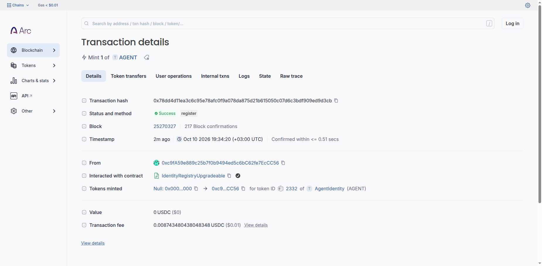 Arc explorer: production registration mint tx 0x78dd4d11…, block 25270327