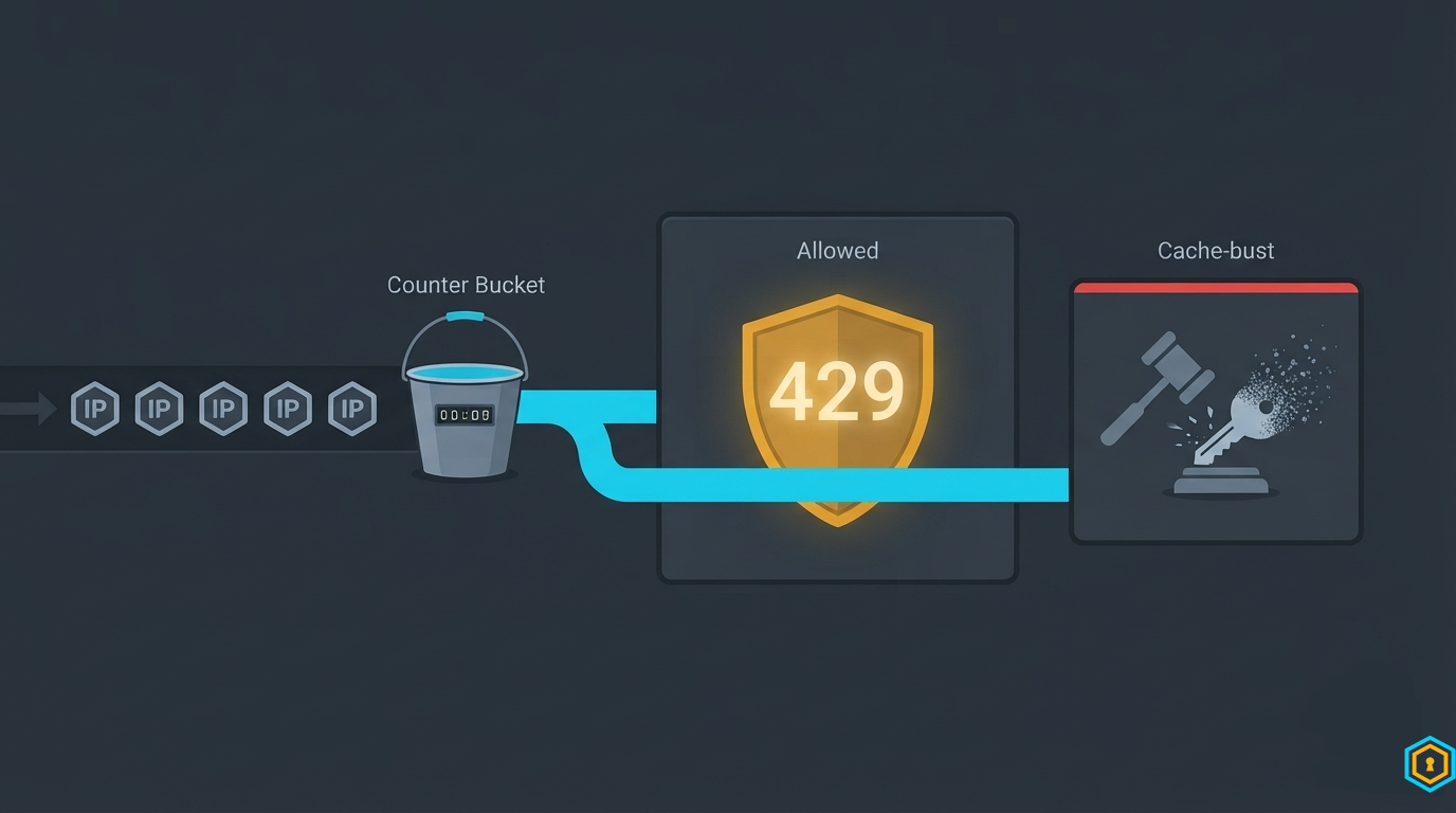 Sybil guard pipeline: IP bucket counter → 429 shield; admin revoke → key cache evaporation
