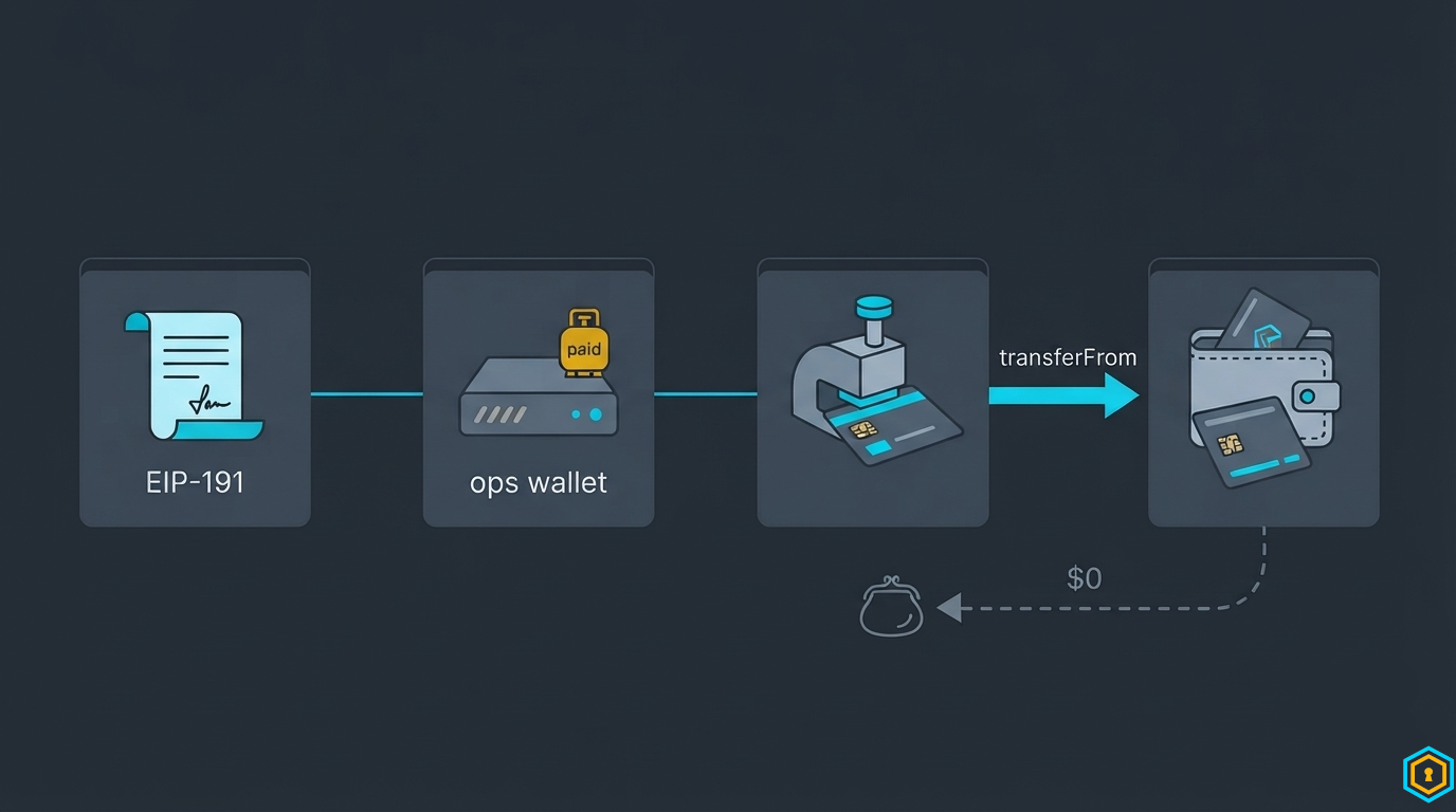 Sponsored flow: signature scroll → ops wallet → mint → transfer arrow → user's wallet