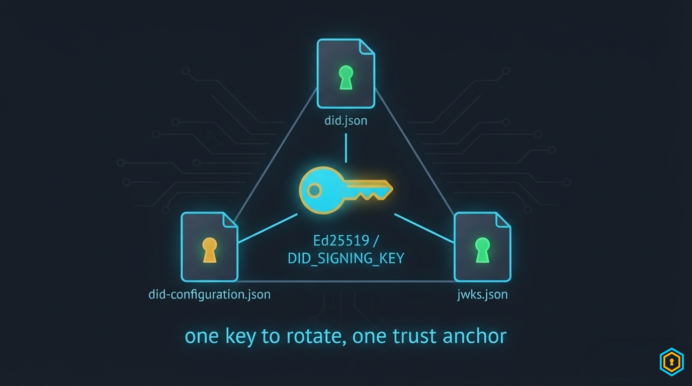 One Ed25519 key under did.json, did-configuration.json and jwks.json