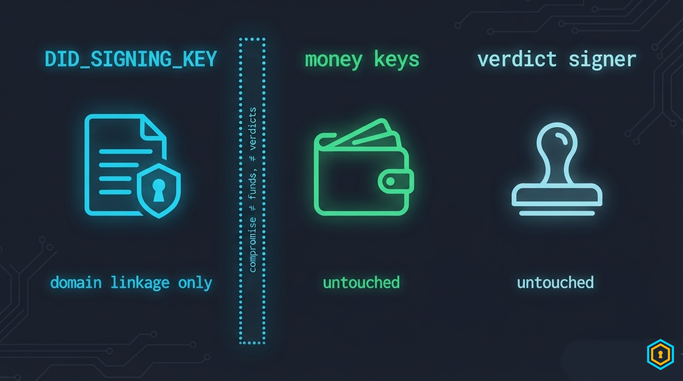 Key role split: DID_SIGNING_KEY vs money and verdict keys