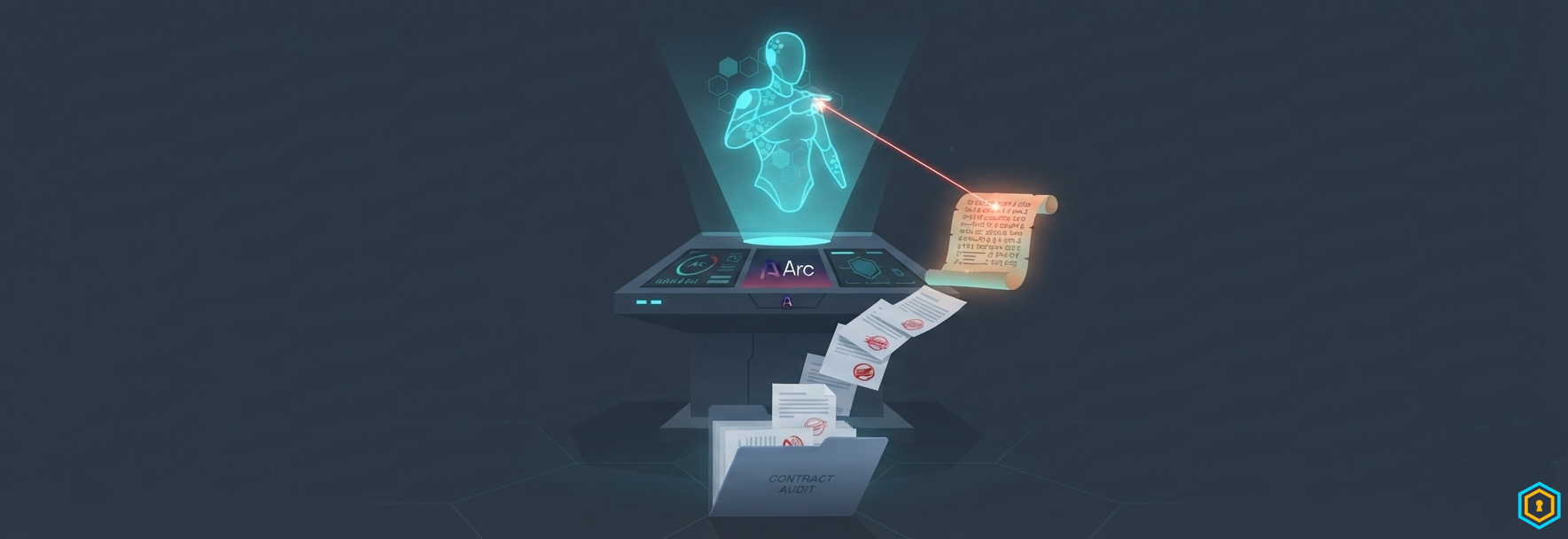 AI auditor red-teaming a contract, findings falling into a report