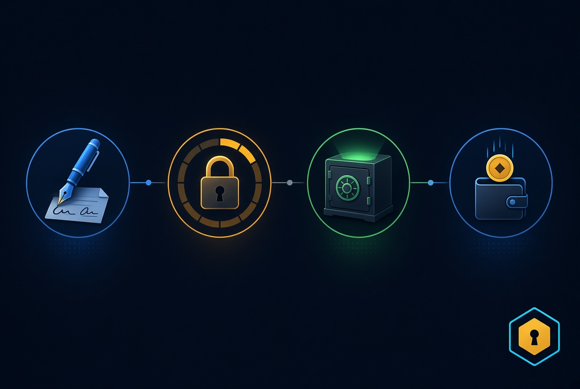 Sequence: agent signature → lease → escrow job → payout, drawn as connected nodes