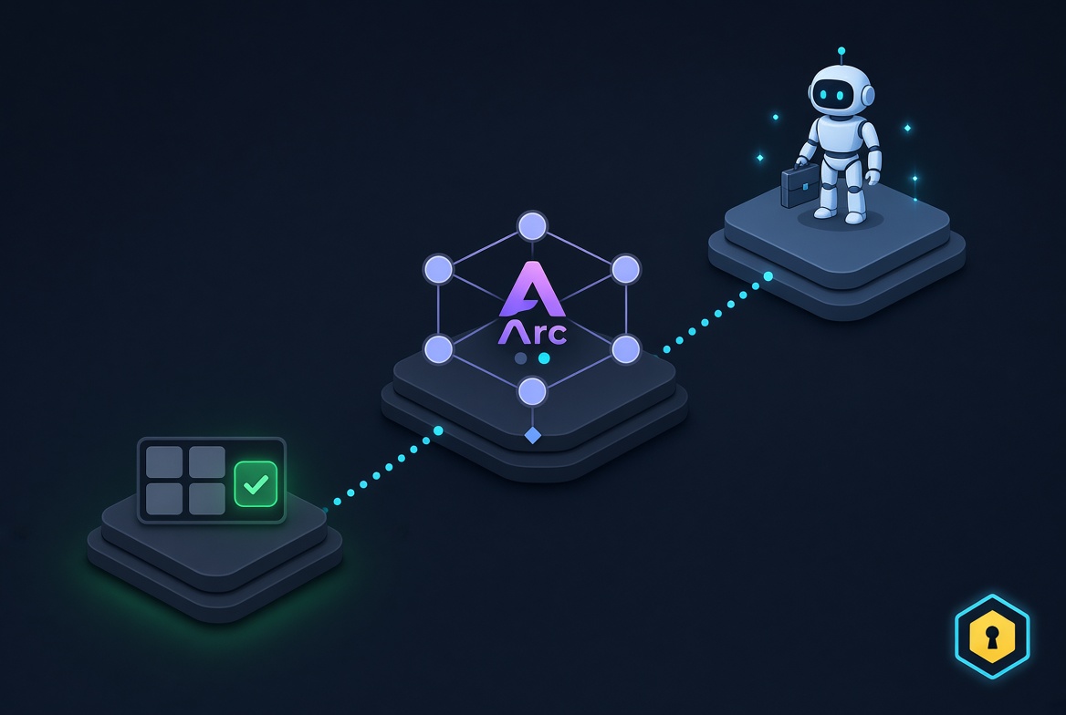Three stepping stones: the finished board, the Arc mainnet node ahead, and an agent with a briefcase on top