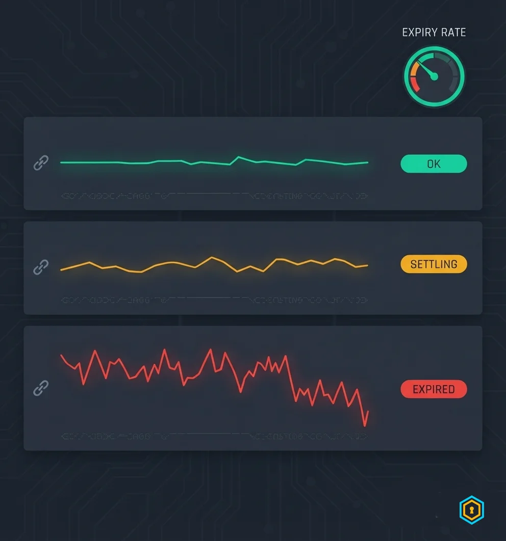 Operations dashboard: three payment lanes with status chips and an expiry-rate gauge