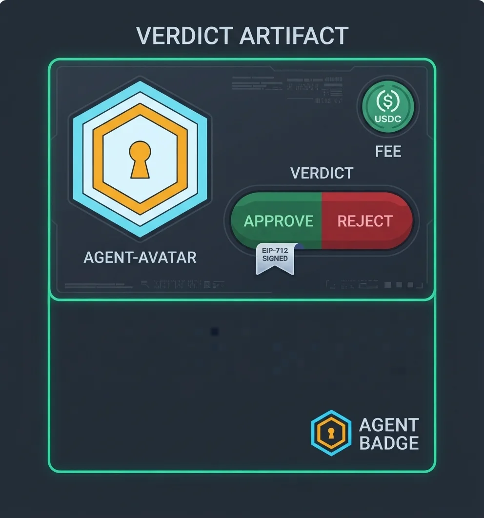 Verdict artifact card: signed verdict, fee chip, agent identity