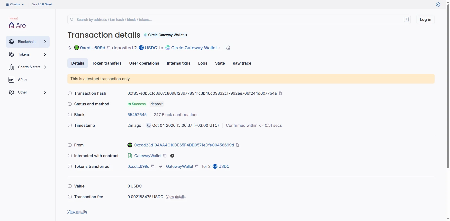 Explorer view of the Arc Testnet deposit transaction — 2 USDC into the Circle Gateway Wallet