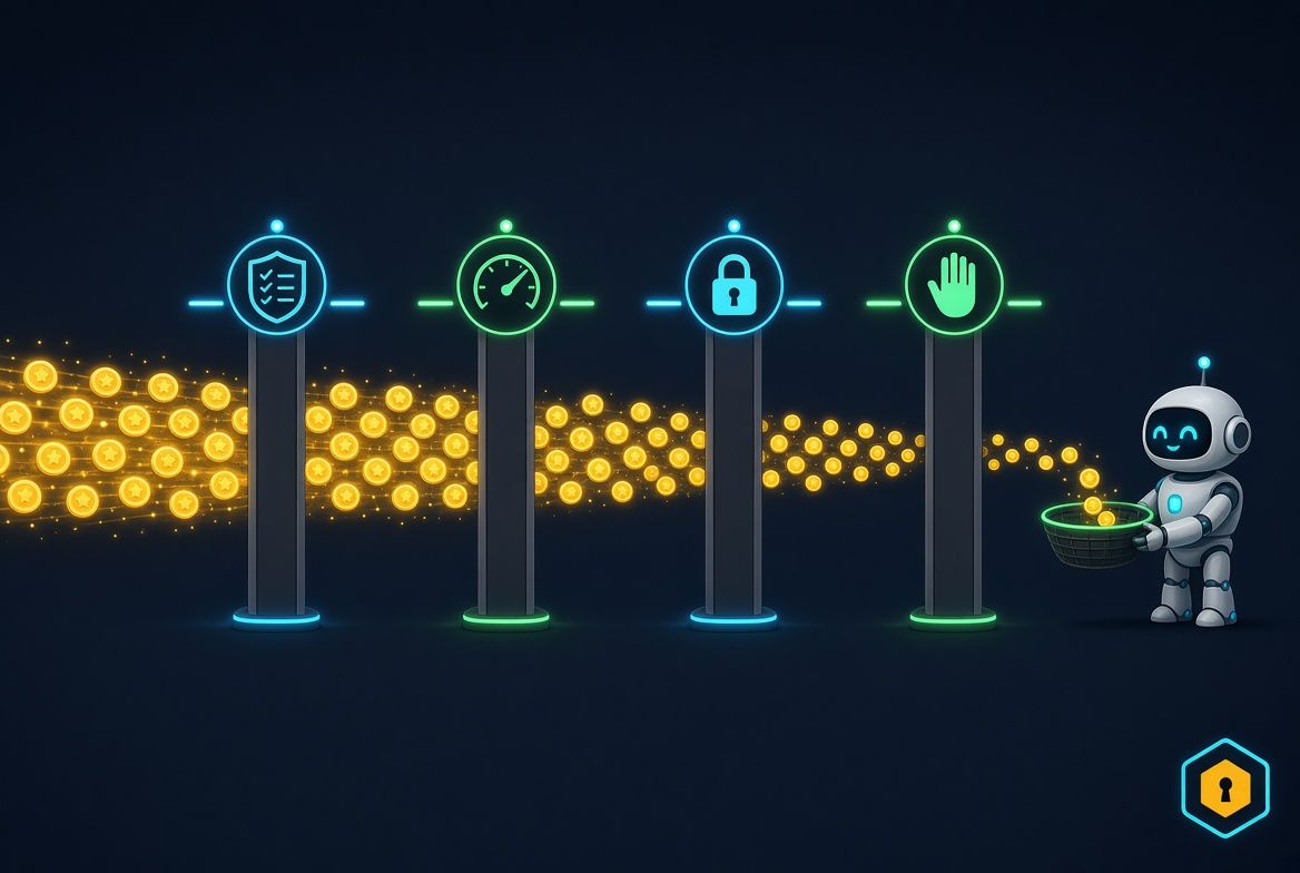 A USDC token stream flowing through four gate posts — checklist, cap, lock and stop-hand icons — each partially dimming the stream