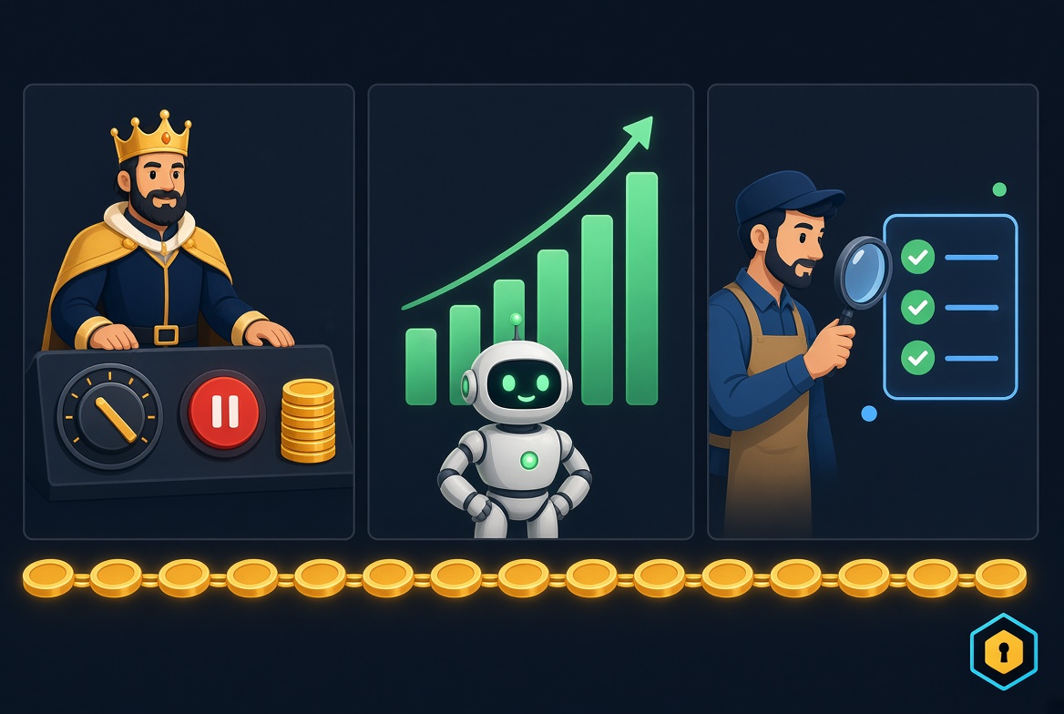 Three panels — a crowned owner at a control board, a robot under a rising vesting bar, a vendor scanning a checklist with a magnifier