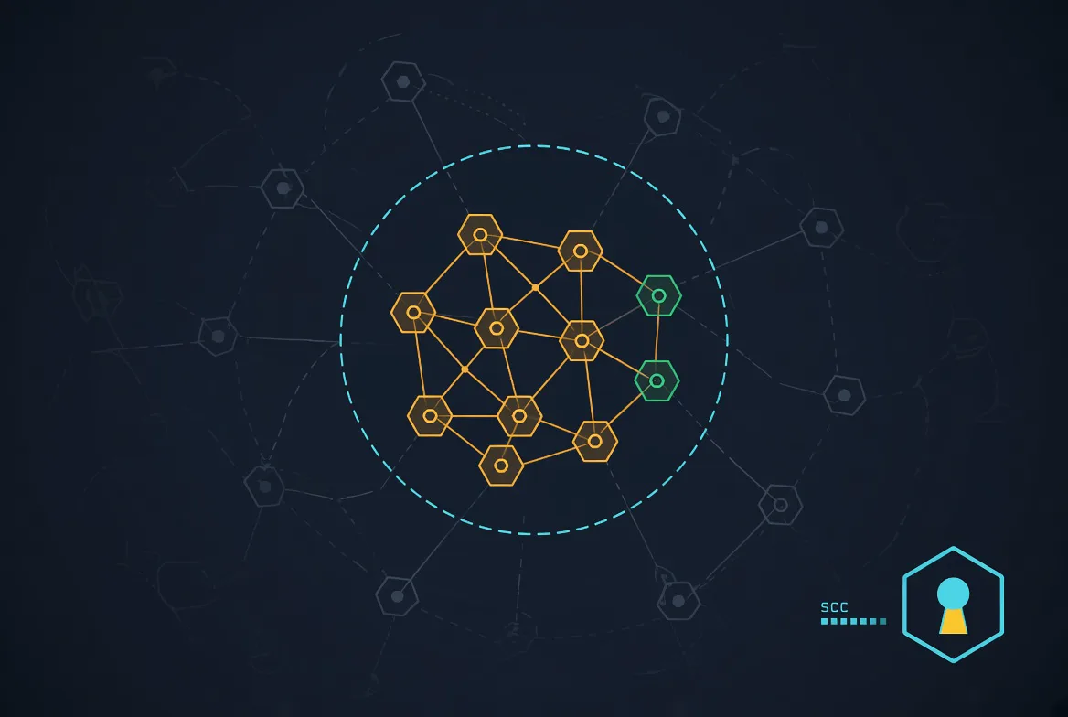 A knotted amber cycle cluster highlighted inside a larger sparse cyan graph, with a magnifier lens ring around it