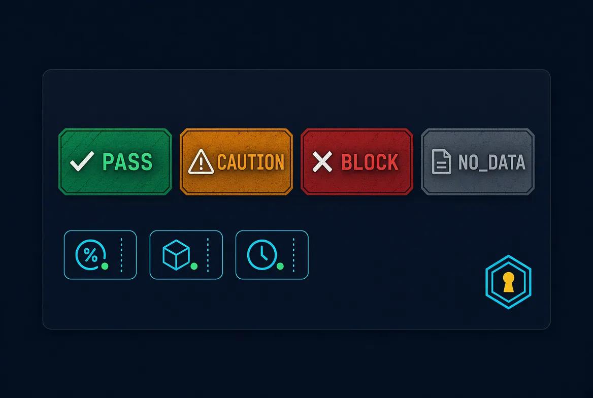 A verdict card showing four stamps — pass green, caution amber, block red, no_data grey — with small freshness fields below