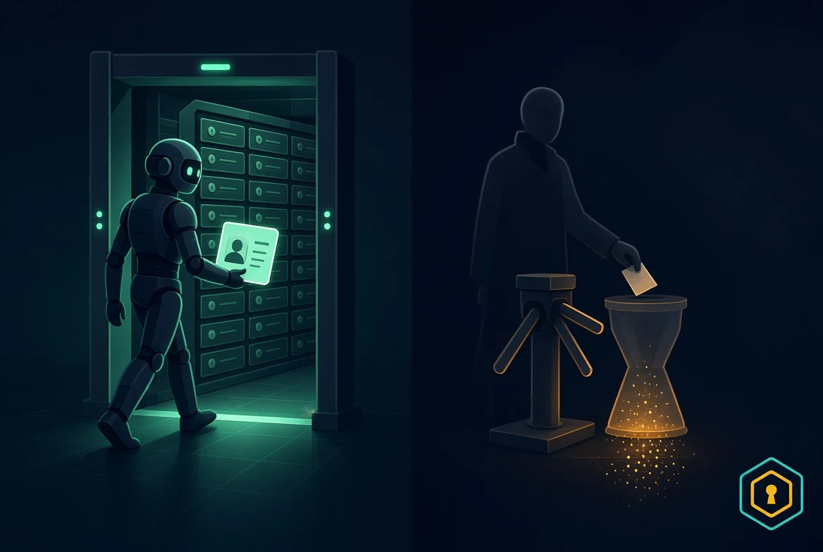 Passport checkpoint leads to a vault of stored cards; a dim turnstile drops anonymous notes into a dissolving hourglass bin