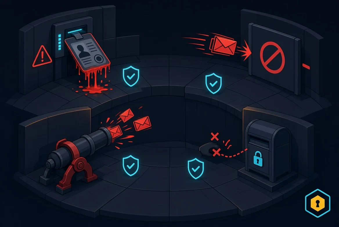 Four attacks blocked: forged ID melts at the scanner, a duplicated envelope bounces, a spam cannon jams, a snoop's hand pulls back from a locked mailbox