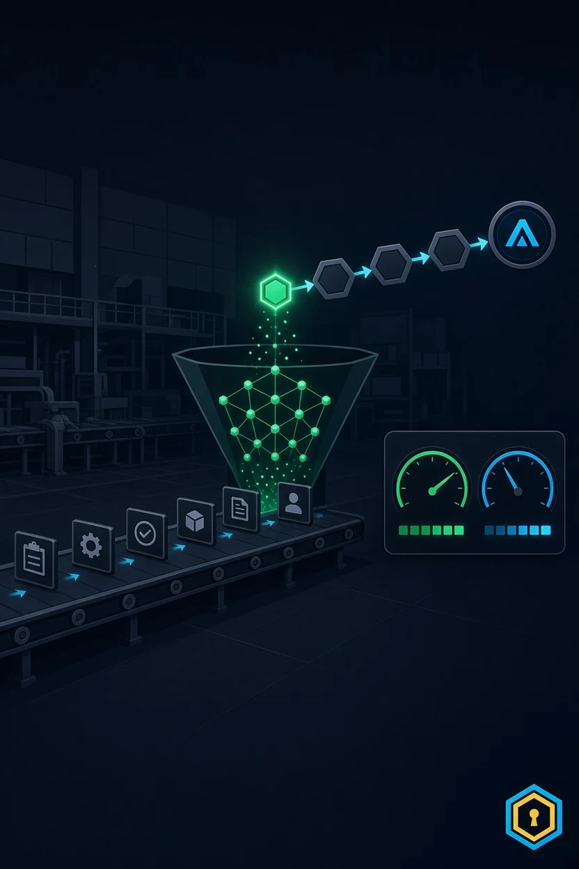 Task cards slide into a hexagonal Merkle-tree funnel, compressing to one root hash stamped onto a chain rail ending at the Arc node