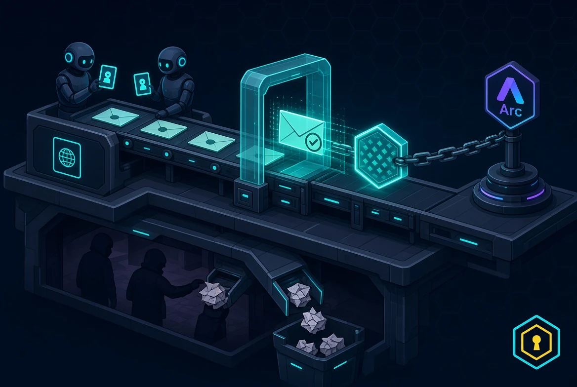 Two passport-holding robots exchange sealed envelopes through a security gate; anonymous figures drop notes into a dissolving bin; envelopes merge into a hexagonal block pinned to the Arc chain