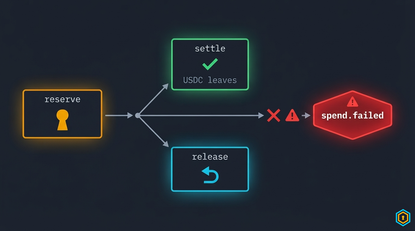 reserve, settle and release flow: payment earmarked in amber, branching to a green settle or a cyan release