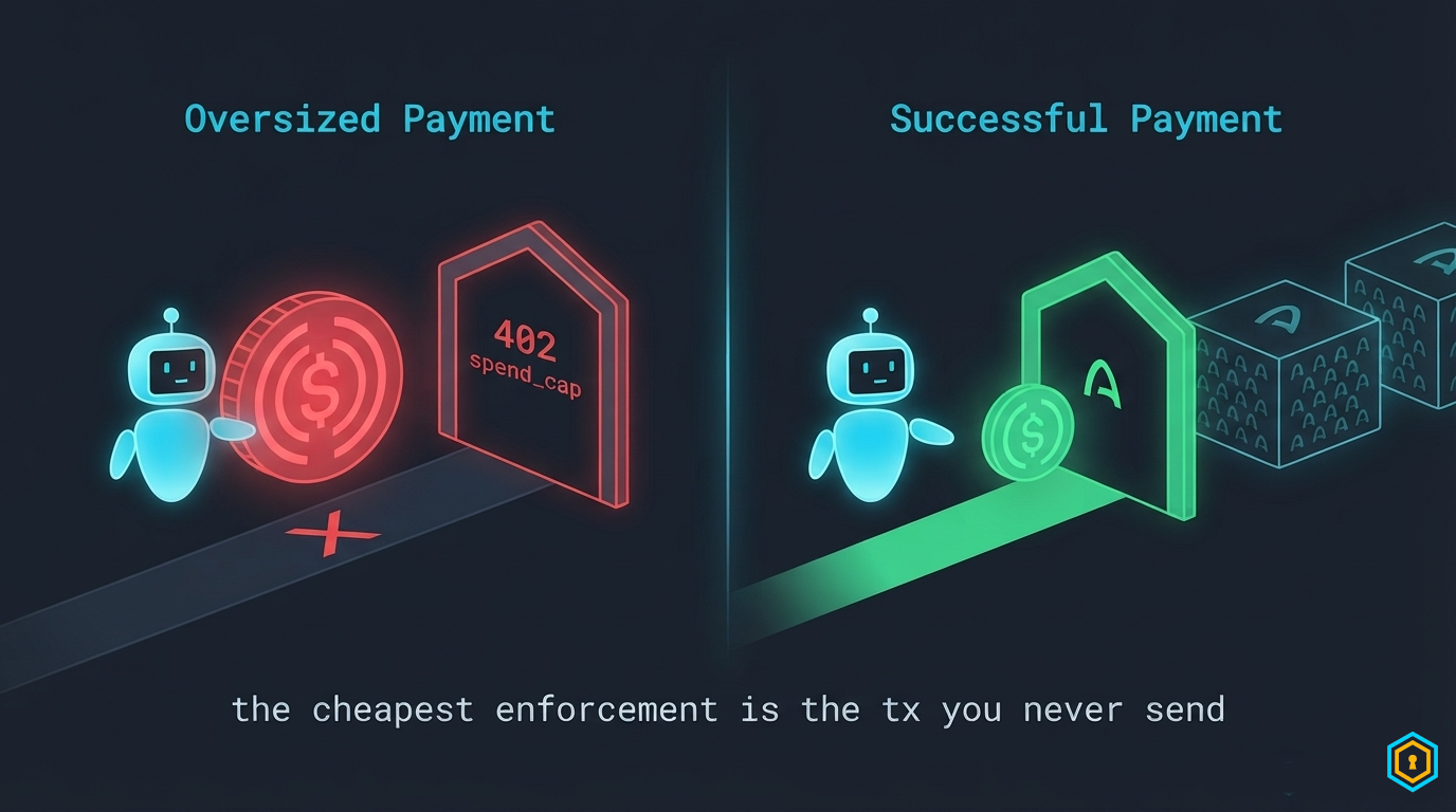 Oversized payment denied at a 402 spend_cap gate while a smaller payment passes through to blockchain blocks