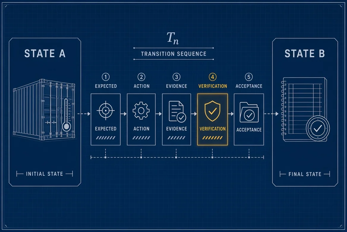 The Verifiable State Transition: State A through expected, action, evidence, verification and acceptance to State B