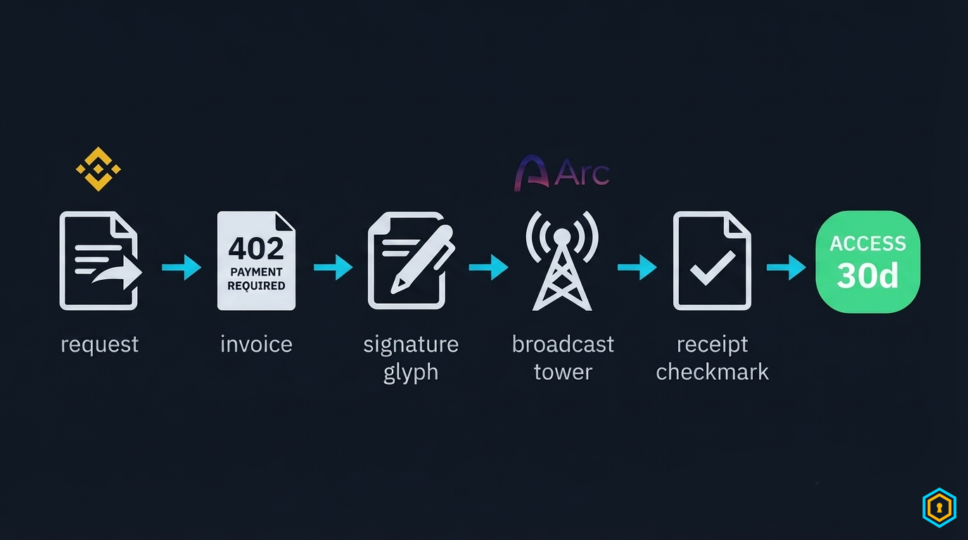 Six-step pipeline: request, 402 invoice, EIP-3009 signature, broadcast, on-chain receipt, access for 30 days