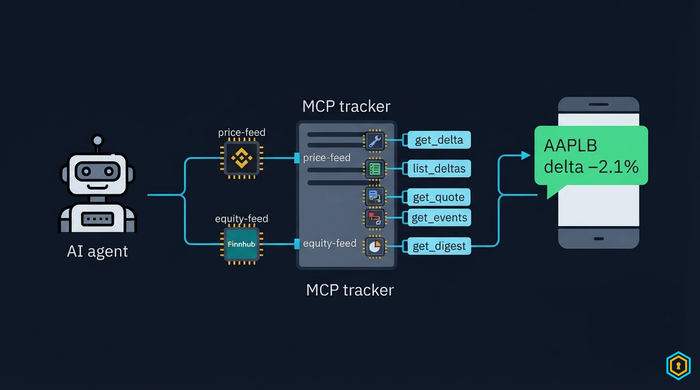 AI agent connected to the MCP tracker (Binance + Finnhub feeds, five tools) with a Telegram alert