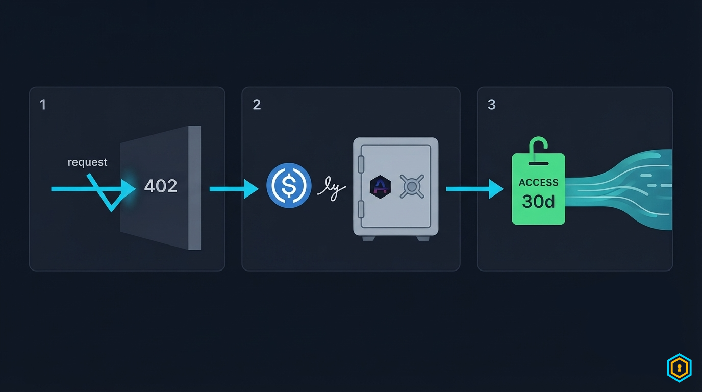 402 paywall flow: request rejected, USDC payment to the Arc vault, 30-day access badge