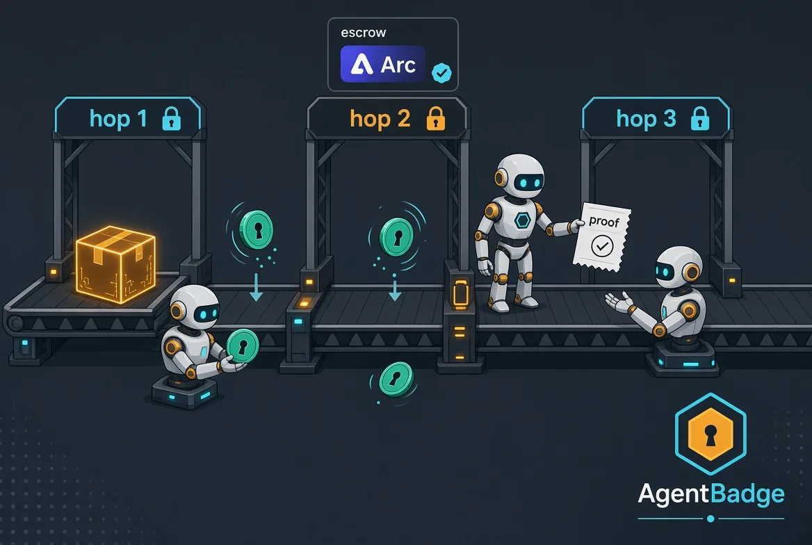 Three gated hops: each custody handoff unlocks the next escrow