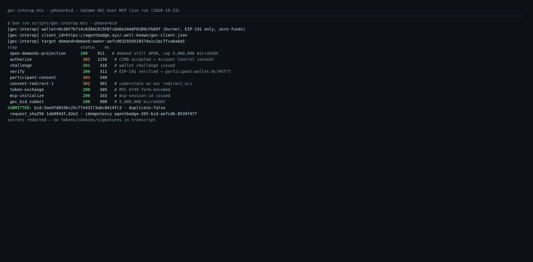 Terminal run of --phase=bid — all steps green, bid id echoed