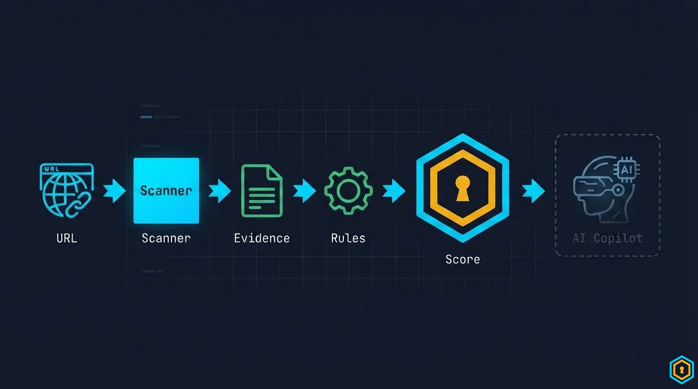 Deterministic pipeline: URL → Scanner → Evidence → Rules → Score, with AI copilot as optional dashed step at the end