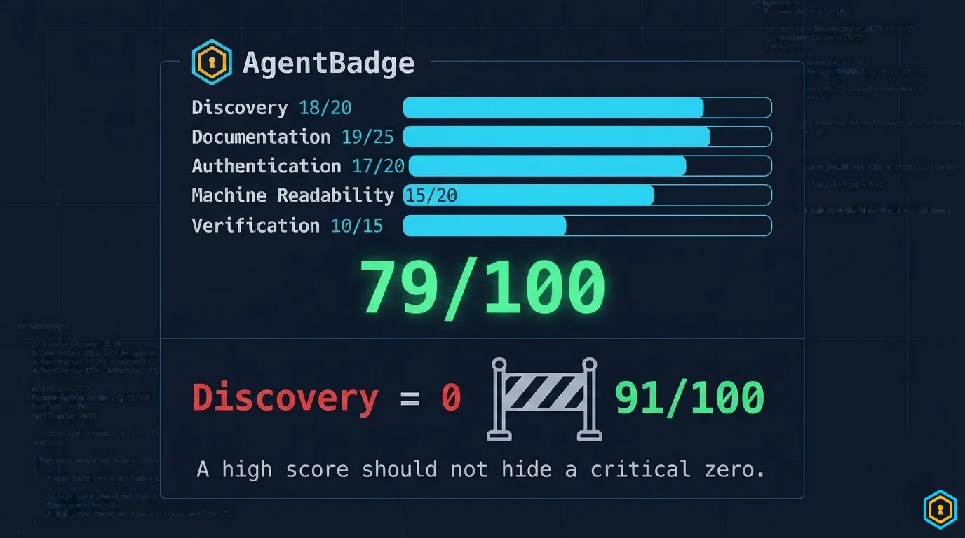Scoring breakdown: five category bars in cyan with scores, total 79/100 in green, and a category floor example showing Discovery = 0 blocking a 91/100 total