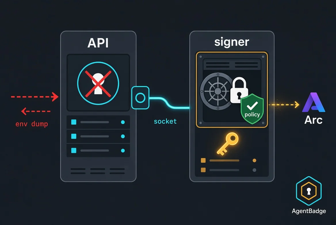 API process and signer service connected only by a Unix socket