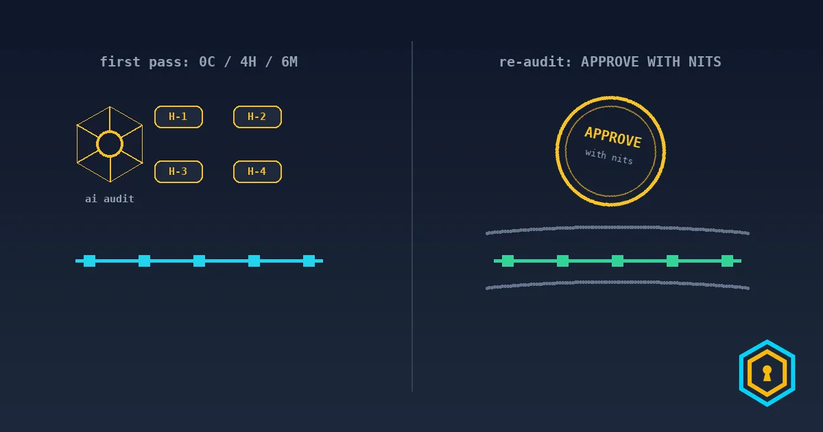 Audit loop: an AI-auditor glyph raising H-1..H-4 findings on the left; the same ledger behind guard rails stamped APPROVE on the right