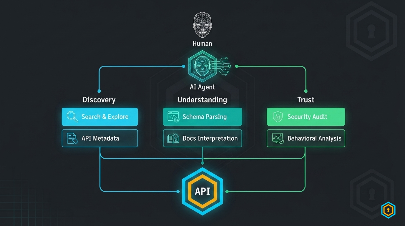 Architecture stack — 3-column diagram: Discovery (cyan), Understanding (cyan-green), Trust (green), each with sub-items, converging into API at bottom