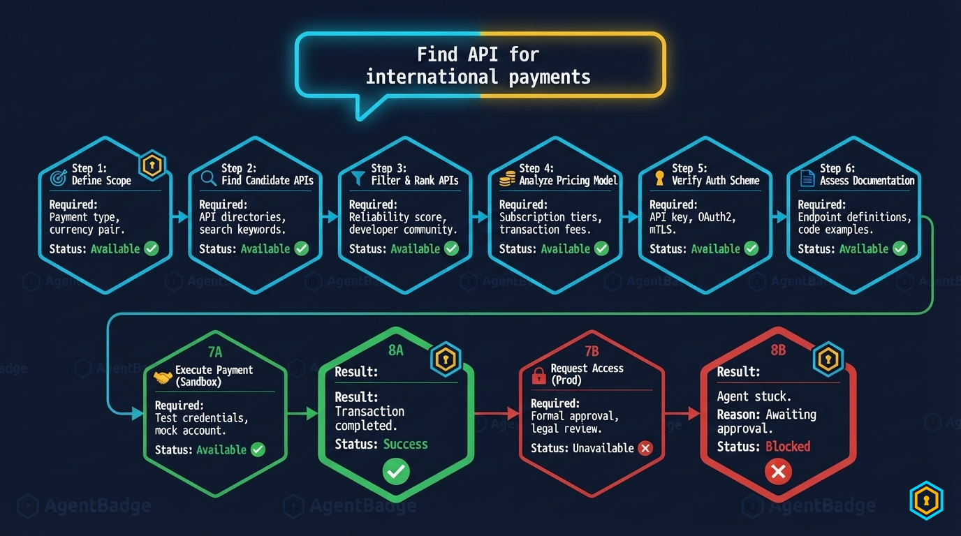 Concept — six question marks in a circle: Unified standard?, Self-declared trust?, Who measures?, OpenAPI enough?, Evidence layer?, Google of agentic web?, with AgentBadge logo in center