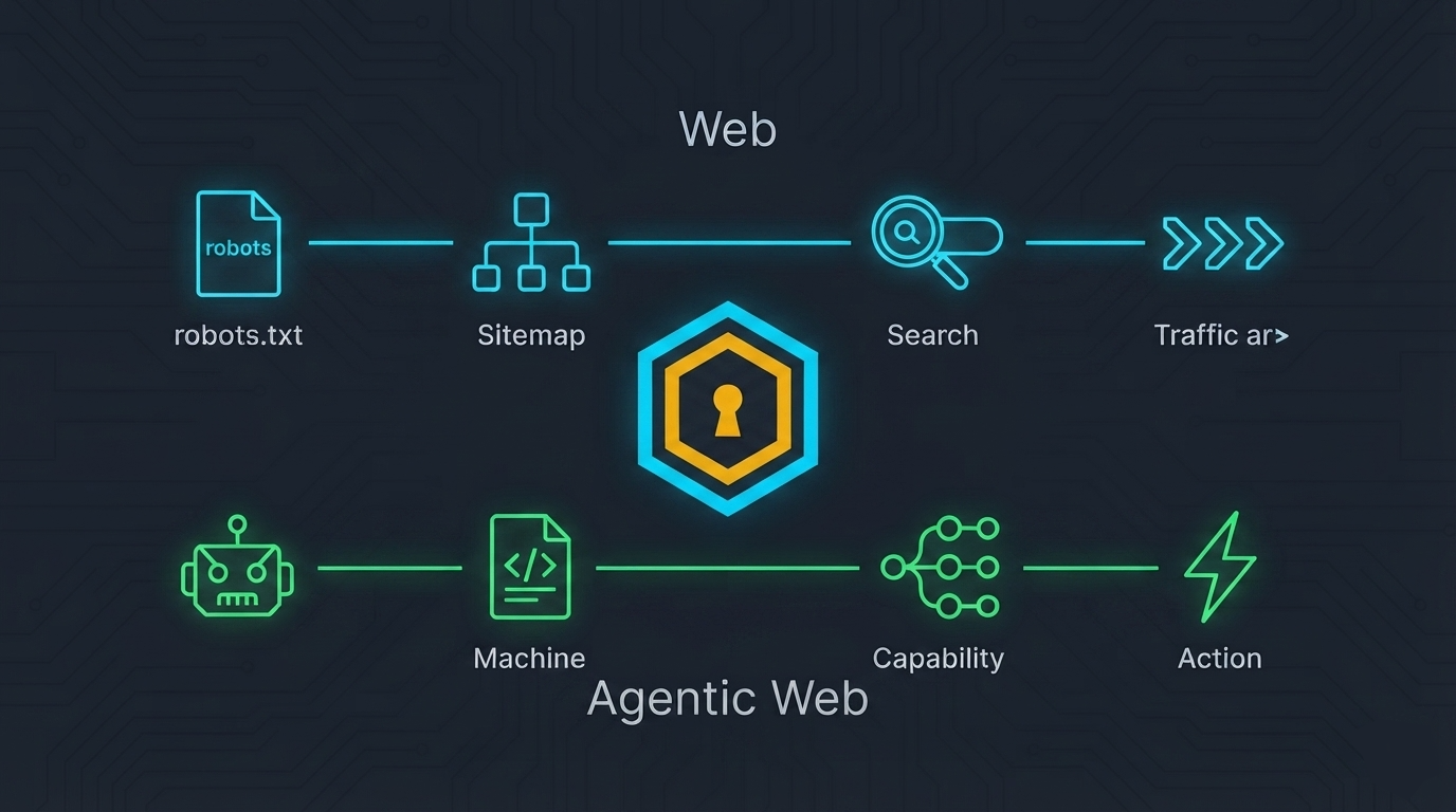 Web vs Agentic Web — two parallel flows: robots.txt/sitemap/search vs machine-readable docs/capabilities/action