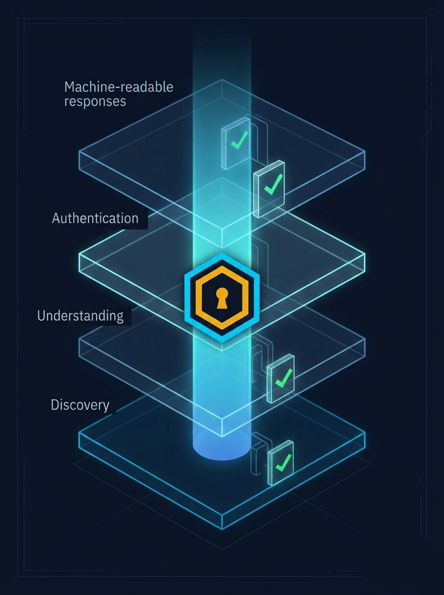 Four layers of Agent Readiness — Discovery, Understanding, Authentication, Machine-readable responses